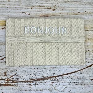 Neiman Marcus Embroidered Bonjour Straw Clutch NWOT